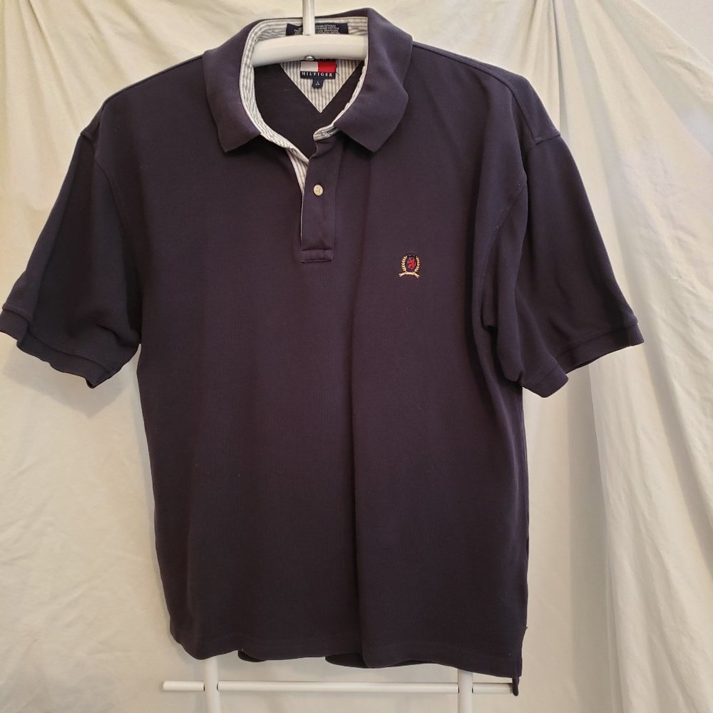 VTG Tommy Hilfiger Navy Blue Polo Shirt w/ Pinstriped Collar Embroidered Logo L